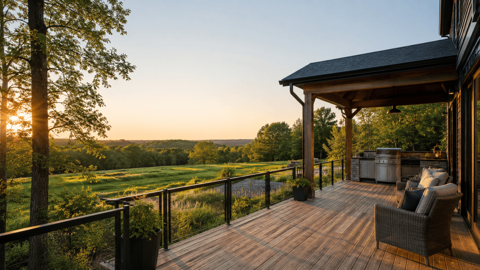 Warm outdoor living space with a covered deck and countryside view